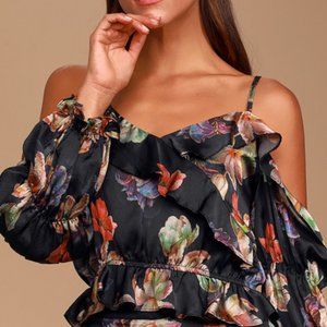 NWT Lulu's Alayah Black Floral Print Satin Ruffled Off-the-Shoulder Top, Size L